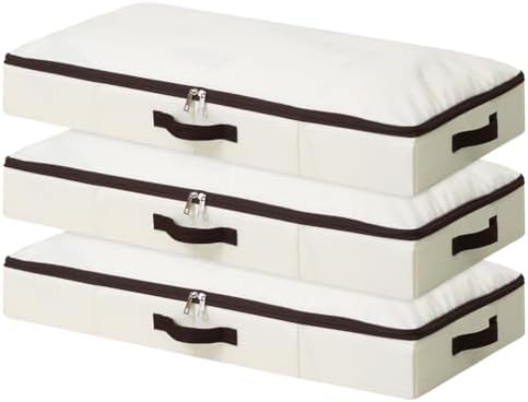 AMJ 3 Pack 4inch Underbed Storage Bins, Under Bed Storage Containers with Zippers for Blanket, Pillows, Comforters & Quilts, Beige by OrderlyhomeBoundlesslove