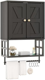 Bathroom Wall Cabinet, Farmhouse Medicine Storage with Towel Bar, Black by FUNHUKSON