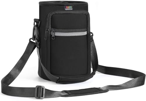 Nuovoware Water Bottle Carrier Bag, 64oz Bottle Pouch Holder, Adjustable Shoulder Hand Strap 2 Pocket Sling Neoprene Sleeve Sports Accessories for Hiking Travelling Camping, BlackCoal by NUOVOWARE