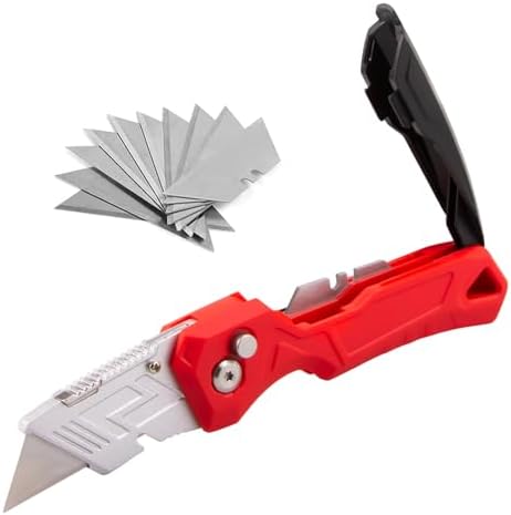 Box Cutter with Blade Storage Design, Heavy Duty Folding Utility Knife with 10 Extra Blades for Cardboard, Carton, Carpet Cutting, Anti-slip Handle, Quick Replace Blade by Besosay