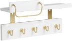 Tirzah Key Holder Wall Mount 2-Tier Real Wood White Entryway Organizer Floating Shelf with 5 Gold Metal Hooks, Sunglasses Holder Bar, Guard Rail for Keys, Mails, Hats (14" × 6" × 4") - Image 3