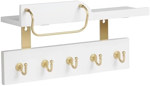Tirzah Key Holder Wall Mount 2-Tier Real Wood White Entryway Organizer Floating Shelf with 5 Gold Metal Hooks, Sunglasses Holder Bar, Guard Rail for Keys, Mails, Hats (14" × 6" × 4") - Image 3