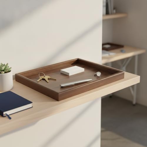 Entryway & Desk Organizer Tray, Solid Wood Rectangular Catchall with Raised Edges for Keys and Watches, 13 x 9.1 Inches, Walnut Finish - Image 2