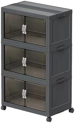 Collapsible Storage Bins with Lids and Front Doors, Heavy-Duty Stackable Plastic Organizers, Folding Utility Storage Boxes for Garage, Office, Pantry and Home (3, Dark Grey, 30 Gal/Rack) by Unknown