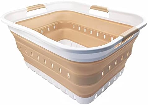 SAMMART 42L (11 gallon) Collapsible Plastic Laundry Basket - Foldable Pop Up Storage Container/Organizer - Portable Washing Tub - Space Saving Hamper/Basket (White/Latte) by SAMMART