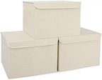 Bagnizer Large 42 Quarts Collapsible Stackable Storage Bins Cube with Lids [3-Pack] Foldable Fabric Linen Storage Boxes, Closet Organizer Baskets with Label for Home (16.7 x 12 x 12, Beige) by Bagnizer