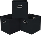 Black Foldable Storage Cubes Bins, Fabric Storage Box Cubes Organizer Baskets with Dual Handles for Home Organizer,Set of 3,(Black) by HEAYEEG
