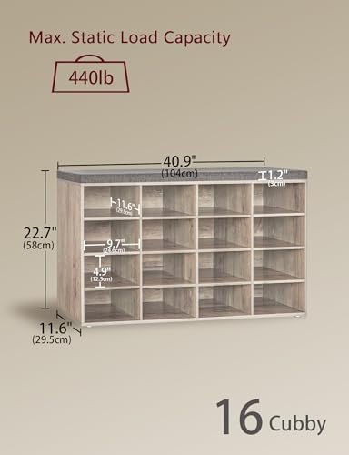 DINZI LVJ Shoe Storage Bench with Cushion, 16-Cubby Shoe Rack with Seat - Image 3