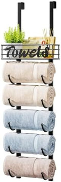 HapiRm Towel Racks for Bathroom Storage - 6 Tier Over The Door & Wall Mount Rolled Towel Storage Organizer Holder with Metal Shelf Basket for Small Bathroom, Camper, Rv - Black, Patented by HapiRm