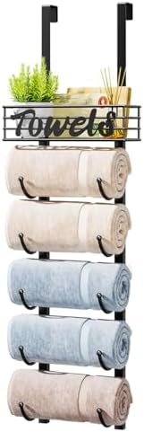 HapiRm Towel Racks for Bathroom Storage - 6 Tier Over The Door & Wall Mount Rolled Towel Storage Organizer Holder with Metal Shelf Basket for Small Bathroom, Camper, Rv - Black, Patented by HapiRm