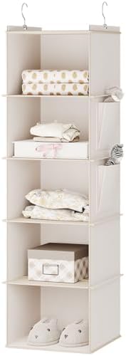 YOUDENOVA Hanging Closet Organizer and Storage for Clothes, 5-Shelf, Beige | Locker/RV/Camper Organizer, 2 Side Pockets, Hanging Shelves for Small Closet, Dorm Room Essentials for Guys, Non-woven Fabric by YOUDENOVA