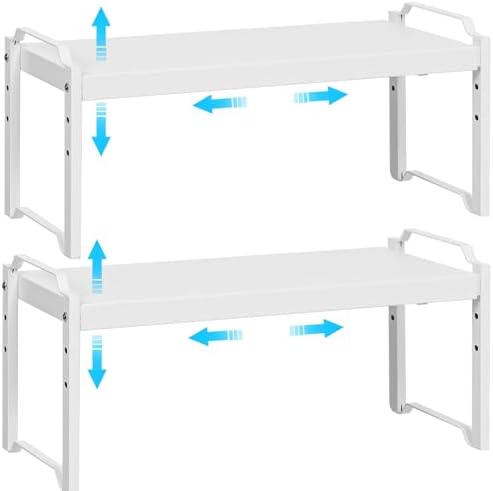 2 Pack Stackable Expandable Shelves For Kitchen Cabinet Countertop Storage, Adjustable Counter Cupboard Pantry Organizer Shelf Rack Stand, Length:25.5 Inch by X-cosrack