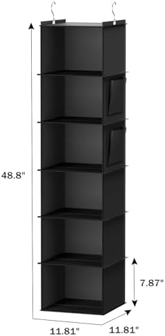 YOUDENOVA Hanging Closet Organizer and Storage, 6-Shelf, 2 Packs, Black | Breathable Fabric, 2 Side Pockets, Clothes Organizer, Hanging Shelves, Closet Storage, College Dorm Room Essentials for Guys - Image 3