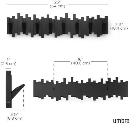 Umbra Sticks Wall Coat Rack, Wall Mount 8 Retractable Hooks, Black - Image 3