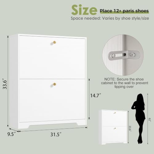 Nicetree Shoe Cabinet with 2 Flip Drawers, Narrow Shoe Organizer Cabinet, Freestanding Shoe Rack Cabinet, Modern Shoe Storage Cabinet for Entryway, Hallway, Foyer, White - Image 2