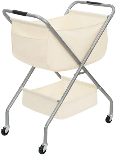 STORAGE MANIAC Collapsible Laundry Cart with Wheels 31.5"H Rolling Laundry Hamper Clothes Basket with Wheels, Canvas Liner Sturdy Steel Frame Folding for Small Narrow Space Easy Storage, Beige by STORAGEMANIAC