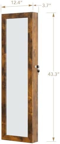 Full Length Mirror Jewelry Cabinet Organizer Lockable Door Wall-Mounted Jewelry Armoire with Shelves and Behind the Door Storage Rustic Brown - Image 4