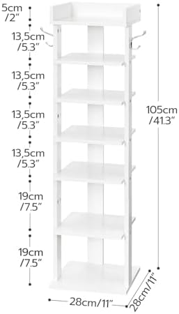 HOOBRO Vertical Shoe Rack for Front Door Entryway, 7 Tier Wooden Shoe Storage Organizer with Hooks, Narrow Shoe Tower for 7 Pairs, Space Saving, for Corner, Closet, Bedroom, White WT61XJ01 - Image 5