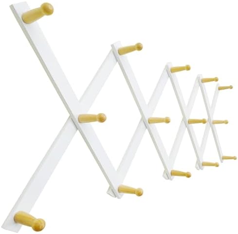 SKOLOO Hat Rack for Wall with 14 Hooks, Solid Wooden, Modern, Expandable Coat Rack Wall Mount for Coats, Hats, Bags, Baseball Caps, Natural on White by SKOLOO