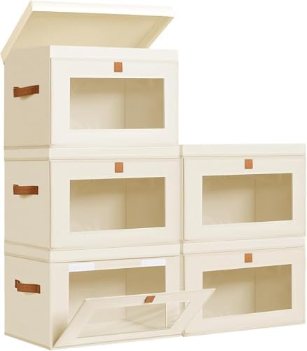 DIMJ Storage Bins with Lids - 5 Pack Large Fabric Closet Organizer with Window & Handles, Collapsible Decorative Storage Boxes for Shelves Under Bed, Books Clothes Blankets Sweaters Organization by DiMJ