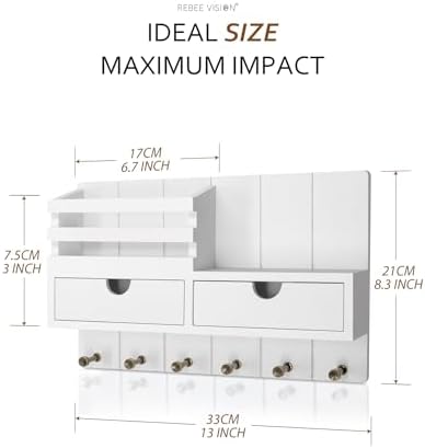 Rebee Vision Key Holder Wall Mount with 2 Drawers for Aesthetic Room, White - Image 6