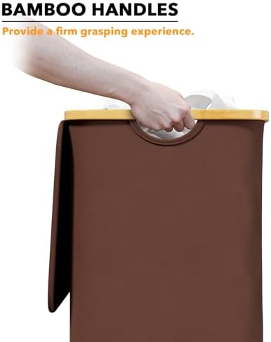 SpaceAid Laundry Hamper with Lid, 110L Large Tall Clothes Basket Bin with Bamboo Handles, Collapsible Laundry Hamper for Bedroom, Bathroom, Dorm, Laundry Room - Brown - Image 6