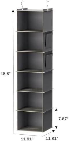 YOUDENOVA Hanging Closet Organizer and Storage, 6-Shelf, 2 Packs, Grey | Breathable Fabric, 2 Side Pockets, Clothes Organizer, Hanging Shelves, Closet Storage, College Dorm Room Essentials for Guys - Image 3