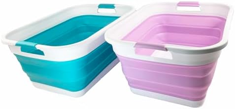 SAMMART 41L (10.8 gallon) Collapsible Plastic Laundry Basket - Foldable Pop Up Storage Container/Organizer - Portable Washing Tub - Space Saving (Rectangular, Ceramic Blue+Pale Purple (Set of 2)) by SAMMART