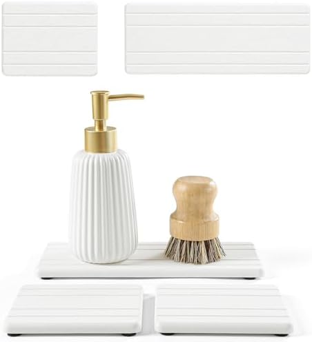 3 Pack Stone Drying Tray, Water Absorbing Stone Sink Mat for Kitchen & Bathroom Counter, Diatomite Soap Dish Vanity Caddy, Sponge Holder Organizer, White - 2pcs of 4.5"x 3.5" and 1pc of 9"x 3.5" by Homdiva