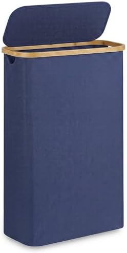 Slim Laundry Basket,60L Laundry Hamper with Lid, Tall Hamper for Laundry,Dirty Cloth Hamper with Bamboo Handle for Toys,Towels, Clothes Organizing, Navy Blue by Merkisa