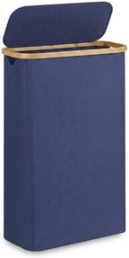 Slim Laundry Basket,60L Laundry Hamper with Lid, Tall Hamper for Laundry,Dirty Cloth Hamper with Bamboo Handle for Toys,Towels, Clothes Organizing, Navy Blue by Merkisa