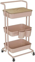DTK 3 Tier Rolling Utility Cart with Cover Top Board, Movable Kitchen Storage Cart Trolley with Lockable Wheels, Cups, Hooks for Kitchen Bathroom Home Office Art Craft Storage and Organization(Pink) by DTK