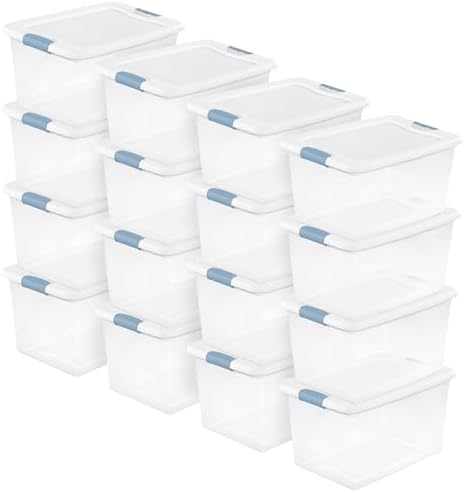 Sterilite Latching Box with Lids for Home and Office, 64 Quart, 16-Pack | Heavy-Duty and Stackable Plastic Containers with Latches for Closet, Cabinet, Bedroom, Bathroom and Dorm Room Organization by Sterilite