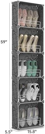 MAGINELS 5 Tier Shoe Rack Organizer with Cover, Slim Shoe Storage Cabinet, Behind The Door, Narrow Shoe Shelf for Closet, entryway, Black - Image 2