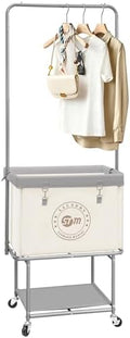 STORAGE MANIAC Rolling Laundry Cart with Hanging Bar & Storage Shelf, 110L Heavy Duty Large Laundry Basket with Clothes Hanging Rod, Study Clothes Hamper with Lockable Wheels, Beige by STORAGEMANIAC