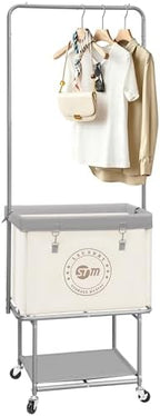 STORAGE MANIAC Rolling Laundry Cart with Hanging Bar & Storage Shelf, 110L Heavy Duty Large Laundry Basket with Clothes Hanging Rod, Study Clothes Hamper with Lockable Wheels, Beige by STORAGEMANIAC
