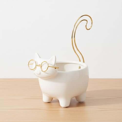 Ceramic Jewelry Dish & Trinket Tray – Ring Dish and Catchall for Everyday Accessories, Vanity or Nightstand Display – Cat Silhouette Decorative Tray Accent, Home Decor – 6", White & Gold by SagebrookHome
