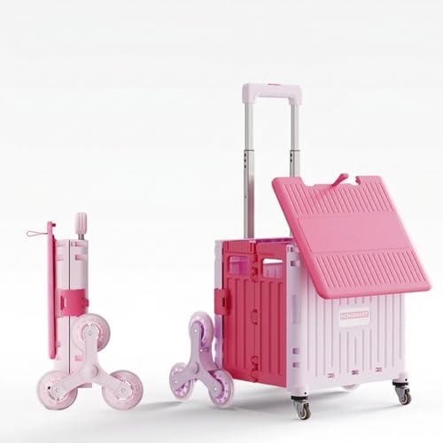 Foldable Utility Cart with Stair Climbing Wheels, Collapsible Rolling Crate with Telescoping Handle, Folding Shopping Trolley Handcart Grocery Book File Tool Teacher Storage Basket (Pink, 8 Wheels) by Gorocking