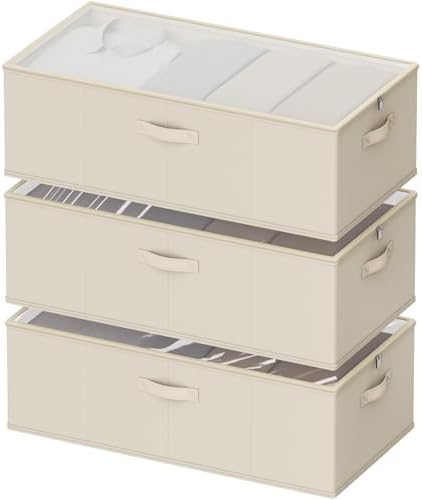 10inch 3 Pack Under Bed Storage Containers, 10 Inch Tall Underbed Clothes Storage Organizer Bin with Clear Window，Foldable Box Basket for Clothes, Closet, Bed Sheets and Blankets Beige by Chizjox