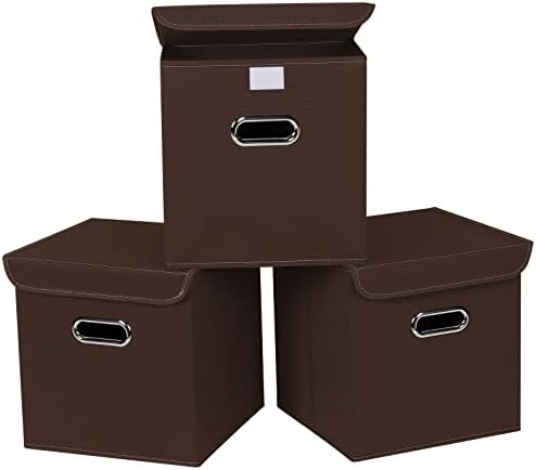 Closet Organizers Fabric Storage Bins With Lids Collapsible Cube Storages Organizer Basket With Handles,Storage Boxes for Clothes Storage,Office,Toys,3 Pack,（Coffee by SEVENDOME