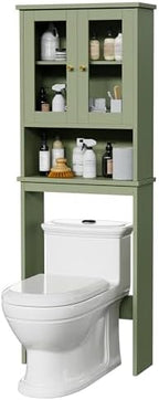 Over the Toilet Storage Cabinet for Bathroom, Storage Organizer Over Toilet, Space Saver with Tempered Glass Doors, Green - Image 6