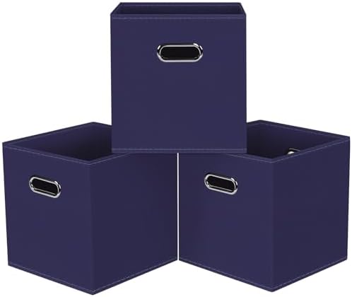 Black Foldable Storage Cubes Bins, Fabric Storage Box Cubes Organizer Baskets with Dual Handles for Home Organizer,Set of 3,(Navy Blue) by HEAYEEG