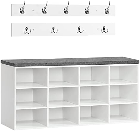 HOOBRO Shoe Storage Bench with Cushion, 39.4" L Entryway Bench with 12 Cubbies, Entryway Hall Tree with Storage, Cubby Shoe Rack Bench with Coat Rack for Hallway, Holds up to 330 lb, White WT112HX01 by HOOBRO