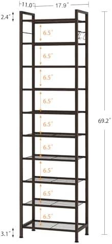 usikey 10 Tiers Narrow Shoe Rack 20-30 Pairs, Sturdy Metal Tall Shoe Rack Shelf with 4 Hooks, Slim Shoe Storage with Metal Shelf, Space Saving Vertical Shoe Organizer for Closet Entryway, Bronze - Image 3