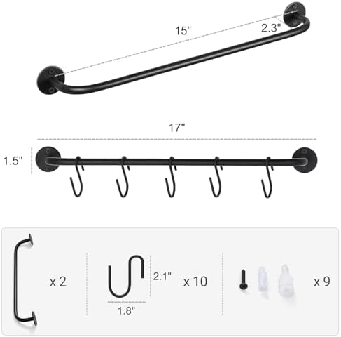 Mkono Mug Holder Wall Mounted Coffee Cup Rack Hanger Modern Metal Wall Rack with 15 Mug Hooks Rustic Utensil Tea Cups Storage Organizer for Kitchen Dining Room Coffee Bar, Set of 3, Black - Image 6