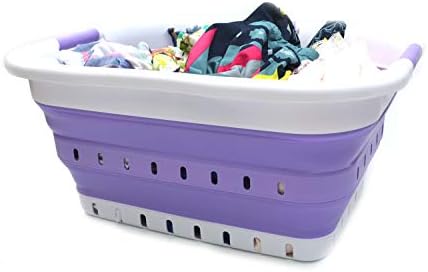 SAMMART 41L Collapsible 3 Handled Plastic Laundry Basket - Foldable Pop Up Storage Container/Organizer - Portable Basket - Space Saving Hamper/Basket (3 handled rectangular, White/Lt. Purple) - Image 4