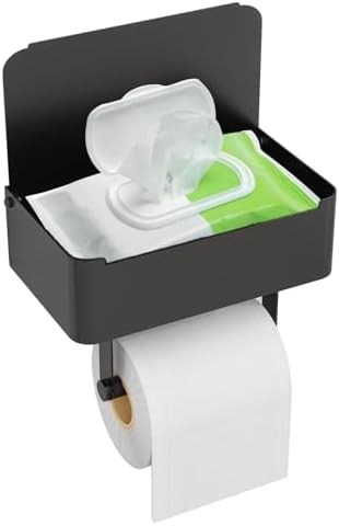 JUYSON Toilet Paper Holder with Shelf, Flushable Wipes Dispenser Fits for Bathroom Wipe Storage, Keep Your Wipes Hidden Out of Sight - SUS304 Stainless Steel Wall Mount Organizer (Matte Black) by JUYSONHOUSEWARE