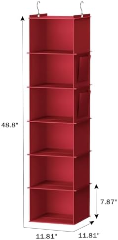 YOUDENOVA Hanging Closet Organizer and Storage, 6-Shelf, Dark Red | Breathable Fabric, Clothes Organizer with 2 Side Pockets, Hanging Shelves for Closet Storage, Dorm Room Essentials for Guys - Image 3