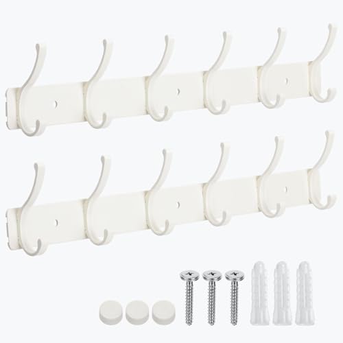 Dntorx Coat Rack Wall Mount, 2 Pack White Coat Hooks Hanger Wall with 6 Double Hooks Rack Rail Towel Hat Rack Entryway Bathroom Hanger Organizer for Robes, Clothes, Bags, Hat by Dntorx