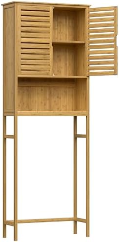 Yardenaler Over-The-Toilet Storage Shelf with Doors, Bathroom Freestanding Bamboo Organizer Space Saver with Adjustable Shelf, Natural - Image 3